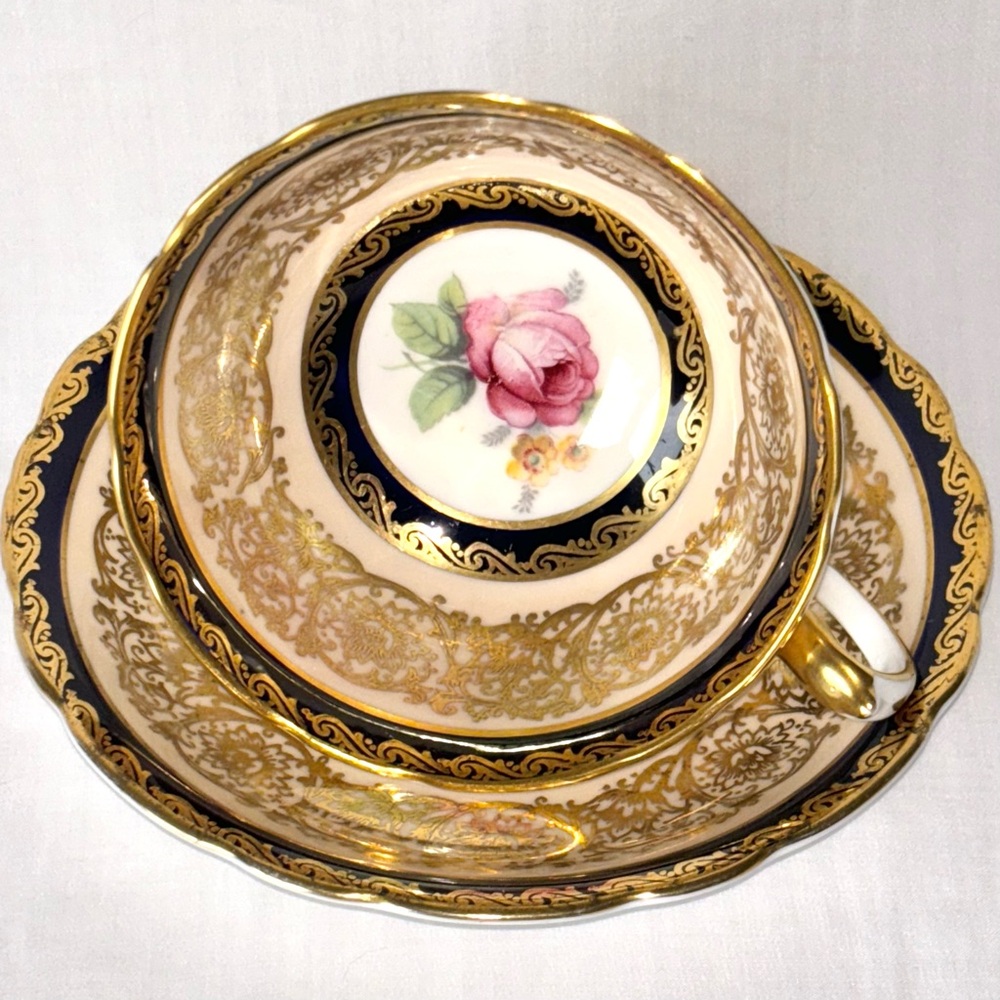 Vintage Double Paragon Bone China Cup & Saucer Gold Pink Rose Cobalt Blue Teacup